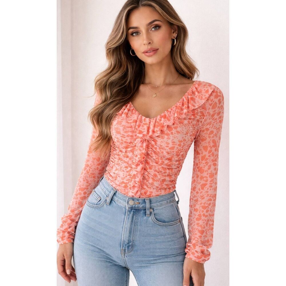 Inc Womens Medium Tulle shirt mesh ruffle coral top stretchy feminine dainty